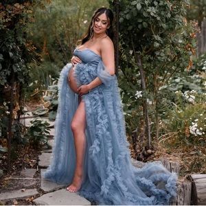 Dusty blue Maternity Gown for Phootshoot Tulle Puffy Bridal Lingerie Size S-M.